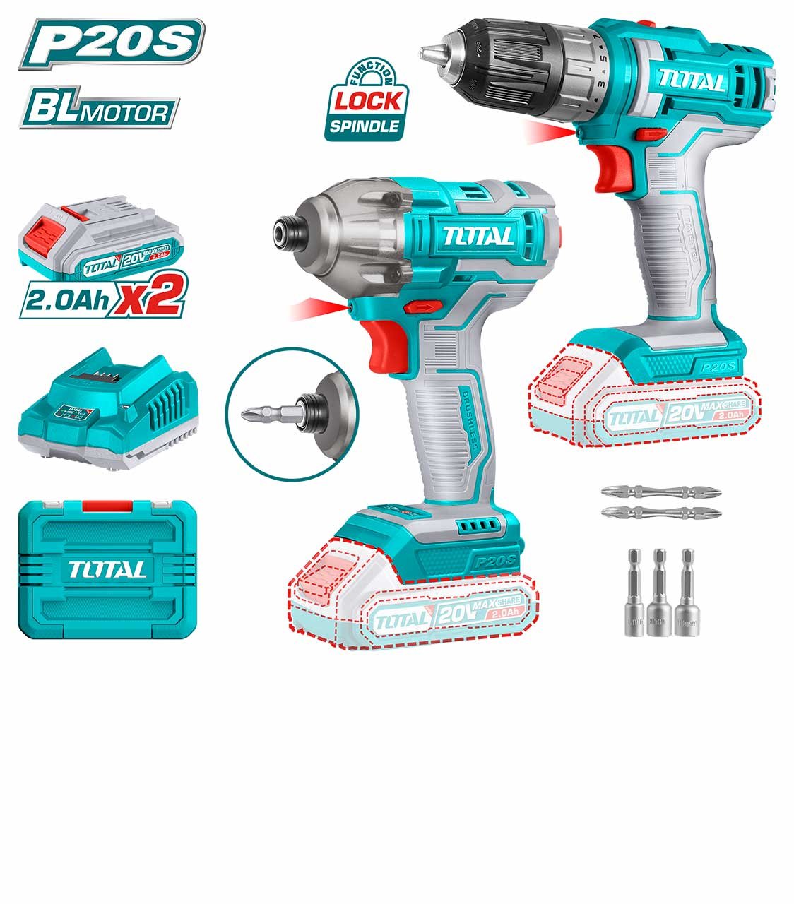 TOTAL 2PC LI-ION 3/8" DRILL/ 1/4" IMPACT DRIVER CORDLESS COMBO KIT