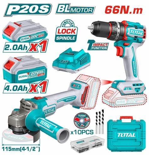 TOTAL 2PC ANGLE GRINDER/ IMPACT DRILL 20V CORDLESS COMBO KIT