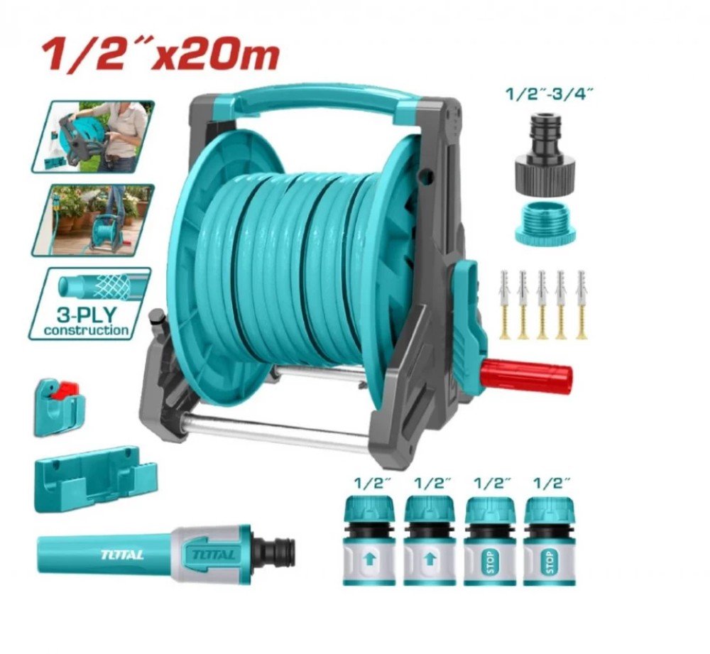 Total Hose Reel Set 20M | 1/2" – With Nozzle & Wall Bracket