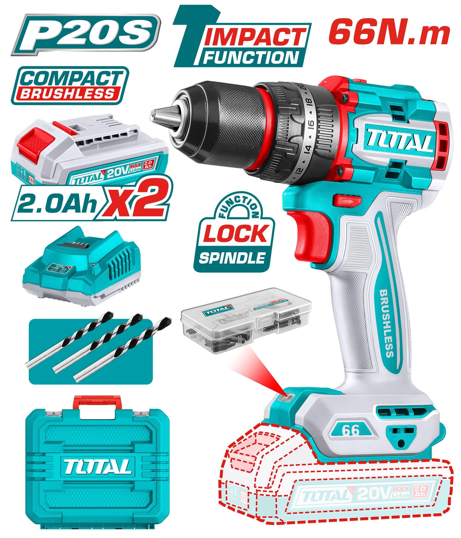 TOTAL 1/2" COMPACT IMPACT DRILL 20V
