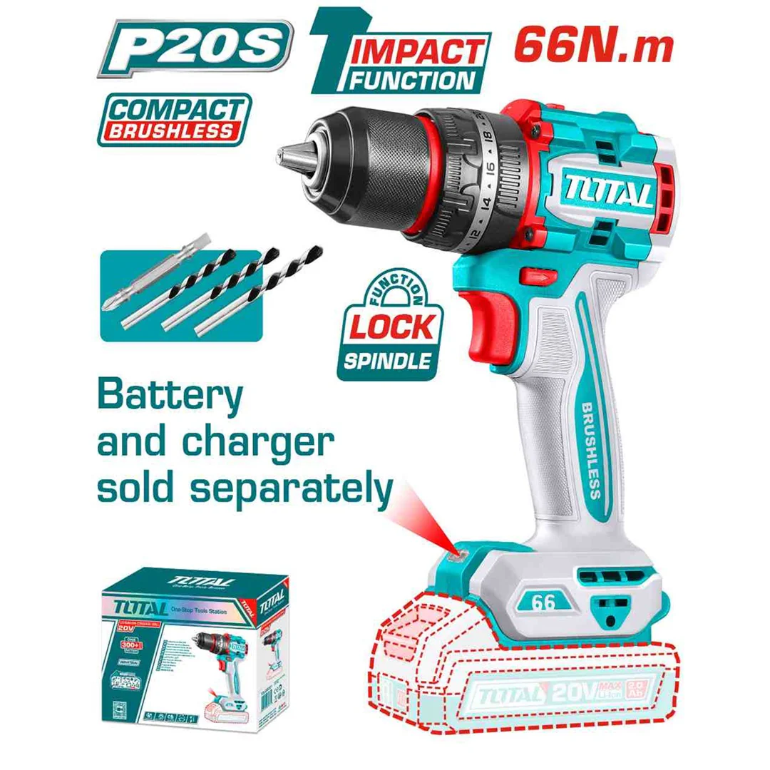 TOTAL 20V BRUSHLESS DRILL 66Nm