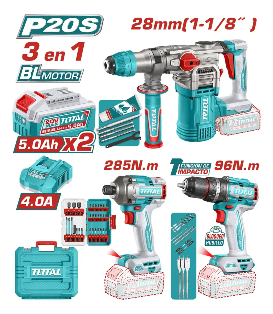 TOTAL 20V 3PC CORDLESS BRUSHLESS 1/2" IMPACT DRILL, 1-1/8" ROTARY HAMMER & 1/4" IMPACT DRIVER COMBO KIT