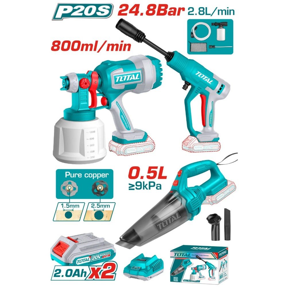 Total Cordless Vacuum Cleaner, Pressure Washer and Paint Gun Combo Kit