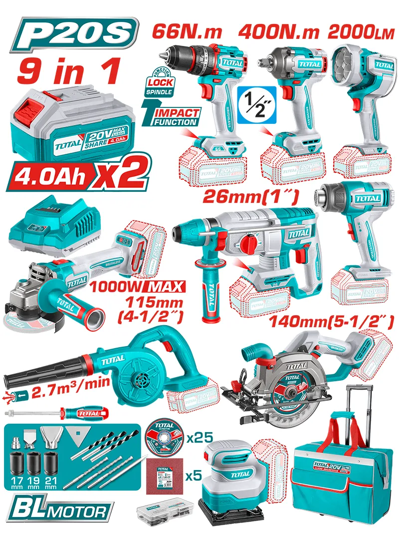 TOTAL 20V 9PC INDUSTRIAL COMBO KIT: 5 1/2" CIRCULAR SAW, ROTARY HAMMER, 4 1/2" ANGLE GRINDER, SANDER, HEAT GUN, WORK LAMP. 1/2" DRIVE IMPACT WRENCH AND BLOWER