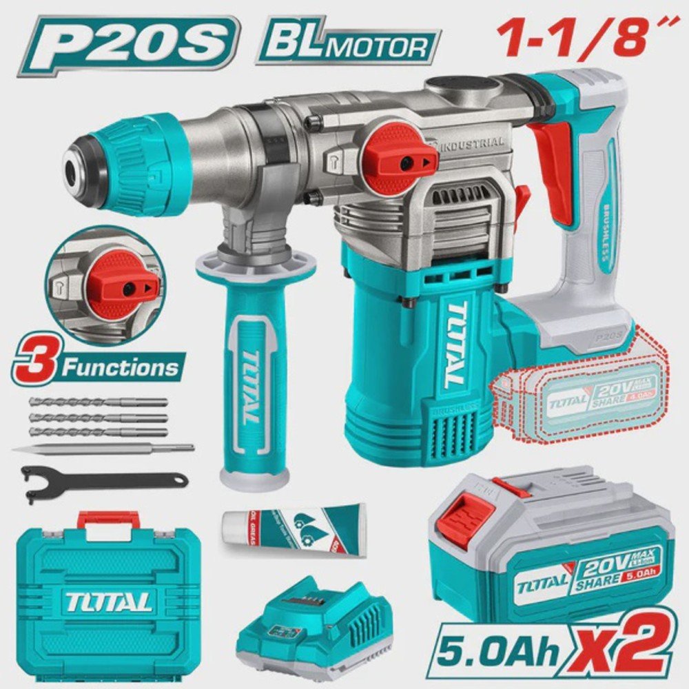 TOTAL CORDLESS ROTARY HAMMER 1-1/8" 20V 5AH LITHIUM ION