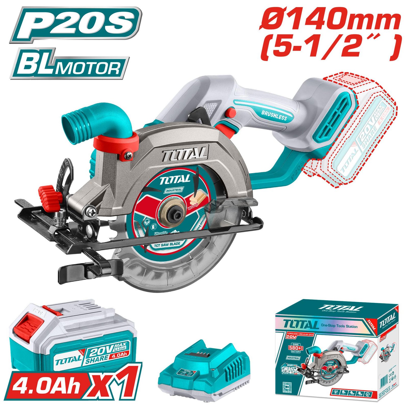 TOTAL CORDLESS 5 1/2" CIRCULAR SAW 20V WITH 4.0AH BATTERY AND CHARGER