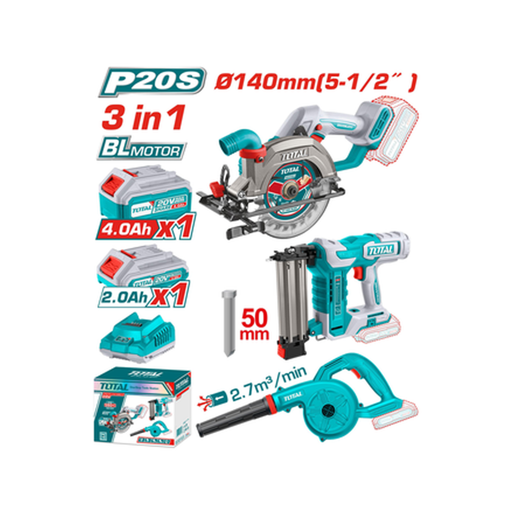 Total 3PC 20V Cordless Blower, Circular Saw and Brad Nailer Combo Kit