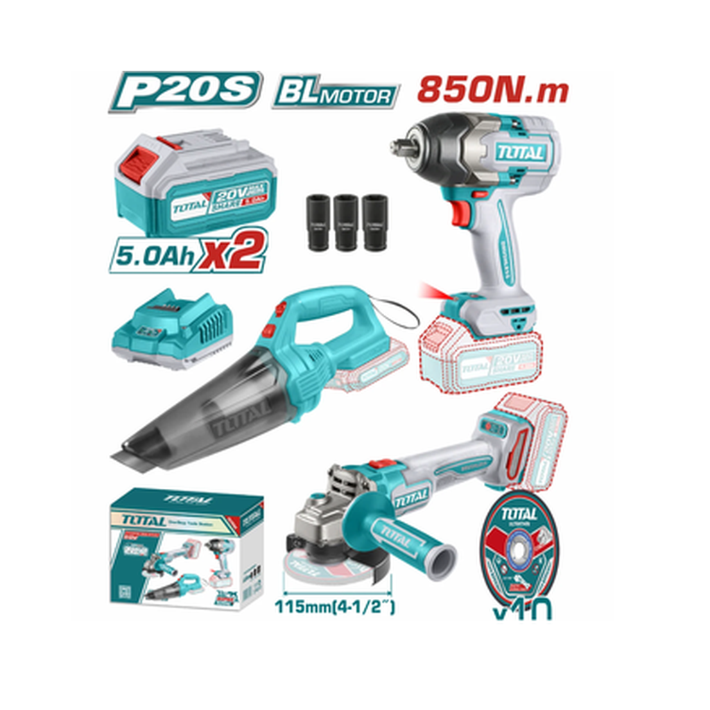 TOTAL 3PC CORDLESS COMBO 20V IMPACT WRENCH/ ANGLE GRINDER/ VACUUM CLEANER