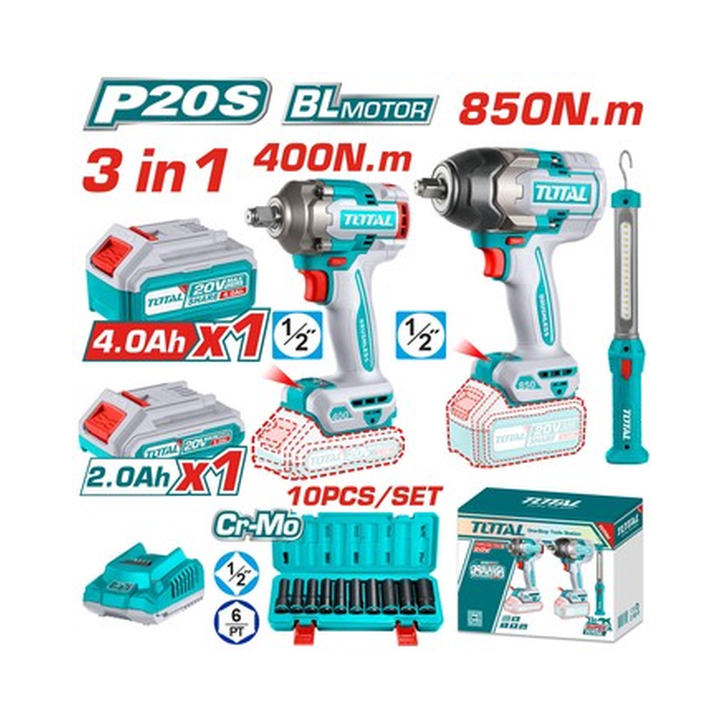 TOTAL CORDLESS 3 PCS IMPACT WRENCH (850NM & 400NM) AND WORK LAMP COMBO KIT