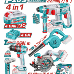 TOTAL 20V CORDLESS BRUSHLESS 1/2" IMPACT DRILL, ROTARY HAMMER, 5 1/2" CIRCULAR SAW AND BLOWER COMBO