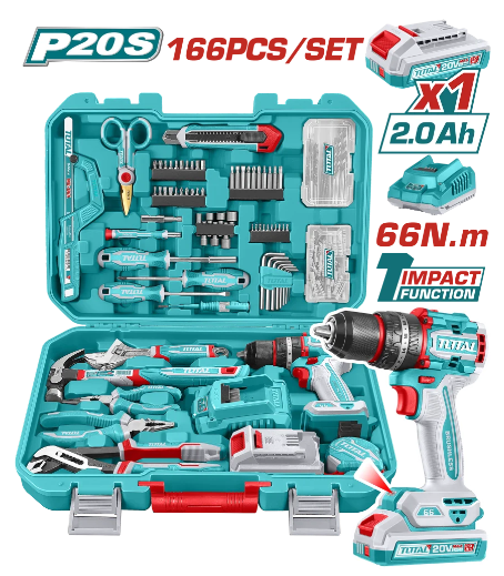 TOTAL 166PC TOOL SET WITH 20V 1/2'' IMPACT DRILL