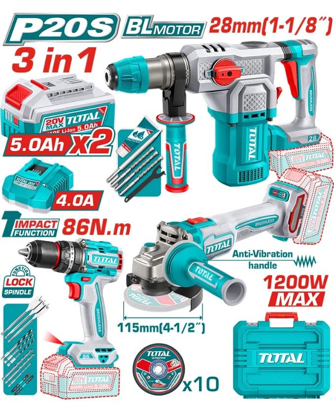 TOTAL 20V 3PC COMBO ANGLE GRINDER 4 1/2", IMPACT DRILL 1/2'' AND ROTARY HAMMER 1 1/8''