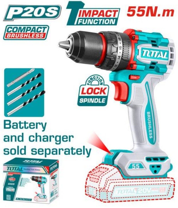 TOTAL 20V CORDLESS BRUSHLESS 1/2'' IMPACT DRILL 55NM