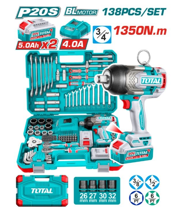 TOTAL 138 PC TOOL SET WITH 3/4'' IMPACT WRENCH 1900NM