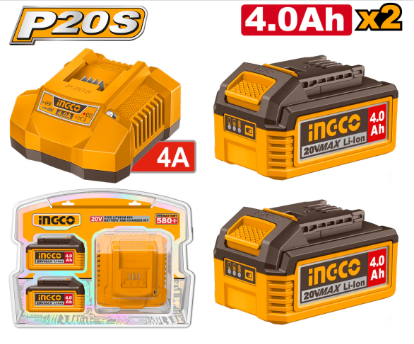 INGCO 20V LITHIUM ION (2) 4.0AMP BATTERY AND 4.0AMP CHARGER KIT