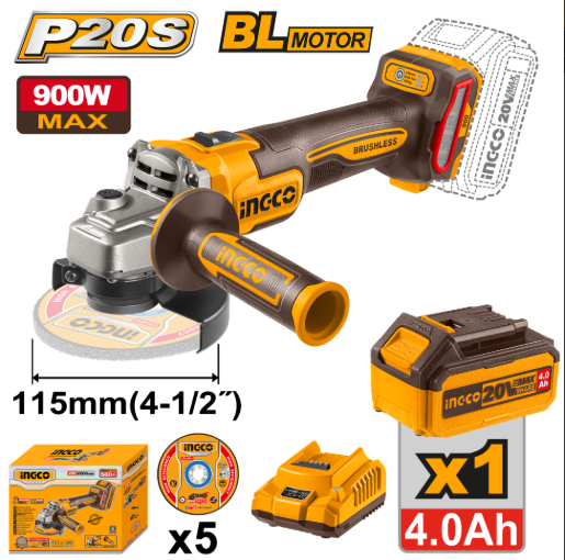 INGCO 20V BRUSHLESS ANGLE GRINDER 4 1/2" WITH 5 METAL CUTTING DISC
