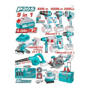 TOTAL 20V 9PC INDUSTRIAL COMBO KIT: 5 1/2" CIRCULAR SAW, ROTARY HAMMER, 4 1/2" ANGLE GRINDER, SANDER, HEAT GUN, WORK LAMP, 1/2'' IMPACT DRILL, 1/2" IMPACT WRENCH AND BLOWER