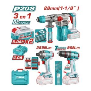 TOTAL 20V 3PC CORDLESS BRUSHLESS 1/2" IMPACT DRILL, 1-1/8" ROTARY HAMMER & 1/4" IMPACT DRIVER COMBO KIT