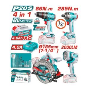 TOTAL 20V LITHIUM-ION 4PC COMBO KIT 1/2'' IMPACT DRILL, 1/4' IMPACT DRIVER, 7 1/4'' CIRCULAR SAW AND 2000LM WORK LAMP