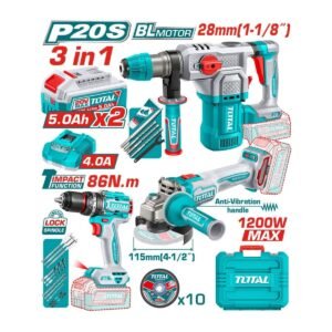 TOTAL 20V 3PC COMBO KIT 4-1/2'' ANGLE GRINDER, 1/2''  IMPACT DRILL AND 1-1/8'' ROTARY HAMMER