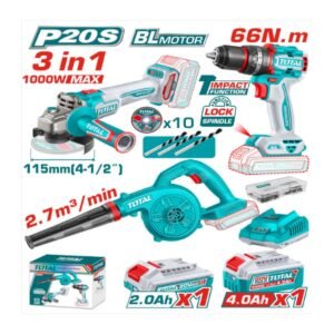 TOTAL 20V CORDLESS BRUSHLESS 3PC 1/2" IMPACT DRILL, 4 1/2"ANGLE GRINDER AND BLOWER COMBO