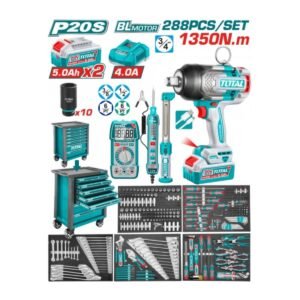 TOTAL 288PC FULL EQUIPPED MECHANIC TOOL CART SET WITH BRUSHLESS 3/4'' IMPACT WRENCH 1900NM/1401 FT-LBS