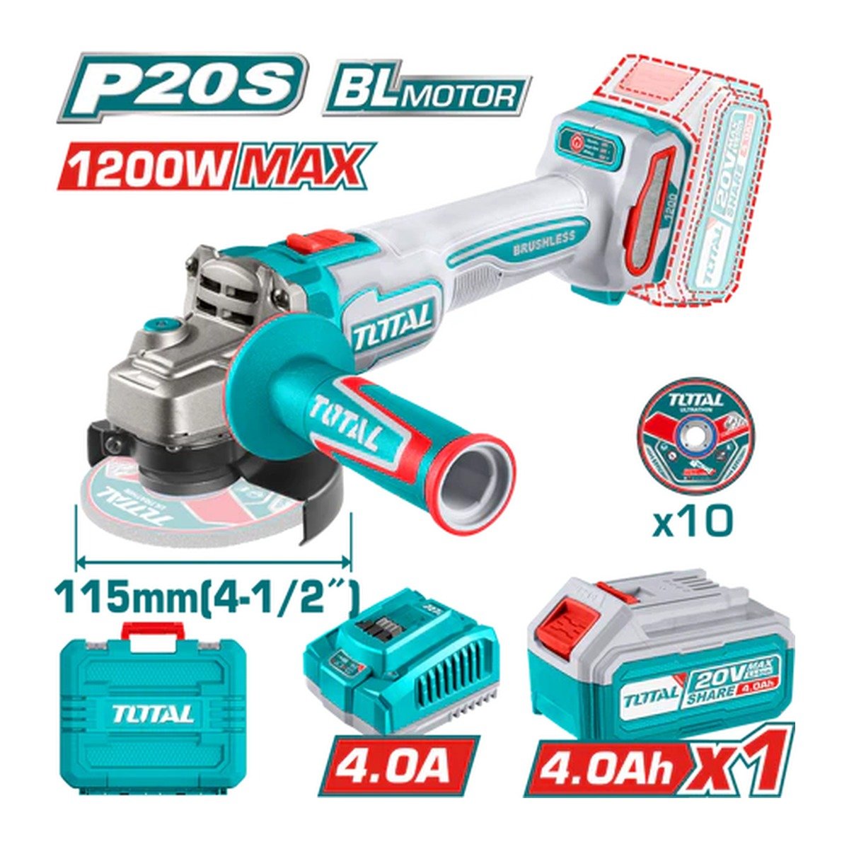 TOTAL 20V CORDLESS BRUSHLESS 4 1/2" ANGLE GRINDER