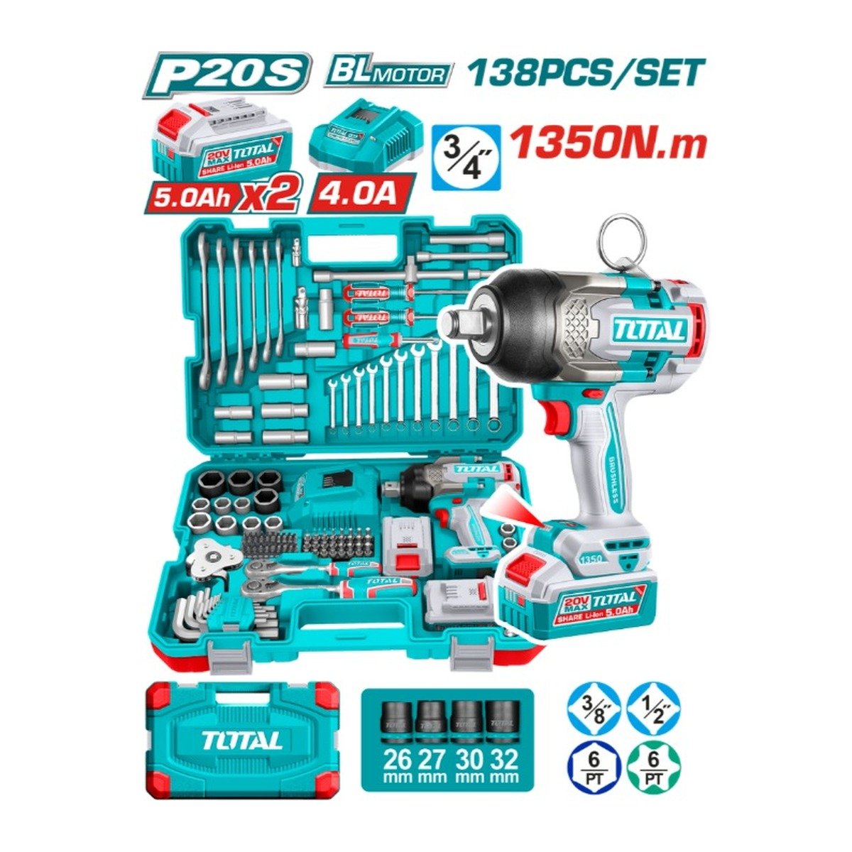 TOTAL 138 PC TOOL SET WITH 3/4'' IMPACT WRENCH 1900NM