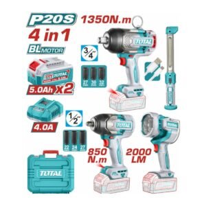 TOTAL 20V 4PC COMBO -3 /4''IMPACT WRENCH,  1/2'' IMPACT WRENCH, WORK LAMP 2000 LM, WORK LIGHT 300LM