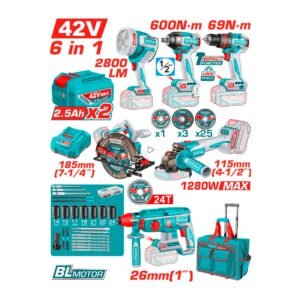TOTAL 42V 6PC COMBO. 1/2'' IMPACT DRILL, 1/2'' IMPACT WRENCH, 7-1/4'' CIRCULAR SAW, 4-1/2'' ANGLE GRINDER,  1'' ROTARY HAMMER AND 50W WORK LAMP COMBO KIT