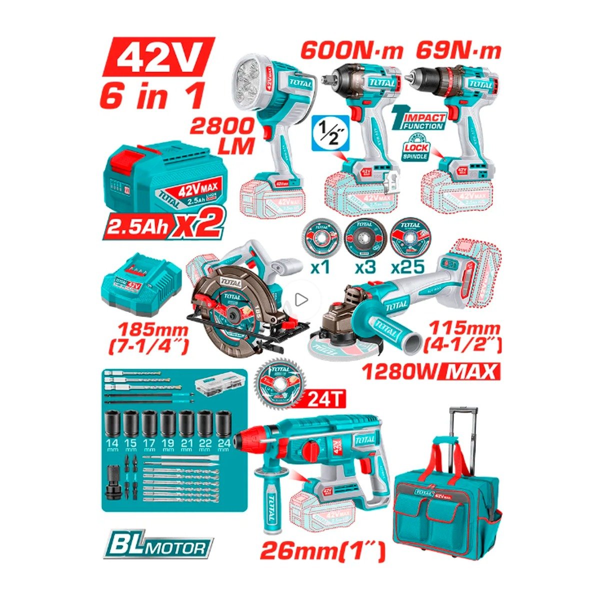 TOTAL 42V 6PC COMBO. 1/2'' IMPACT DRILL, 1/2'' IMPACT WRENCH, 7-1/4'' CIRCULAR SAW, 4-1/2'' ANGLE GRINDER, 1'' ROTARY HAMMER AND 50W WORK LAMP COMBO KIT