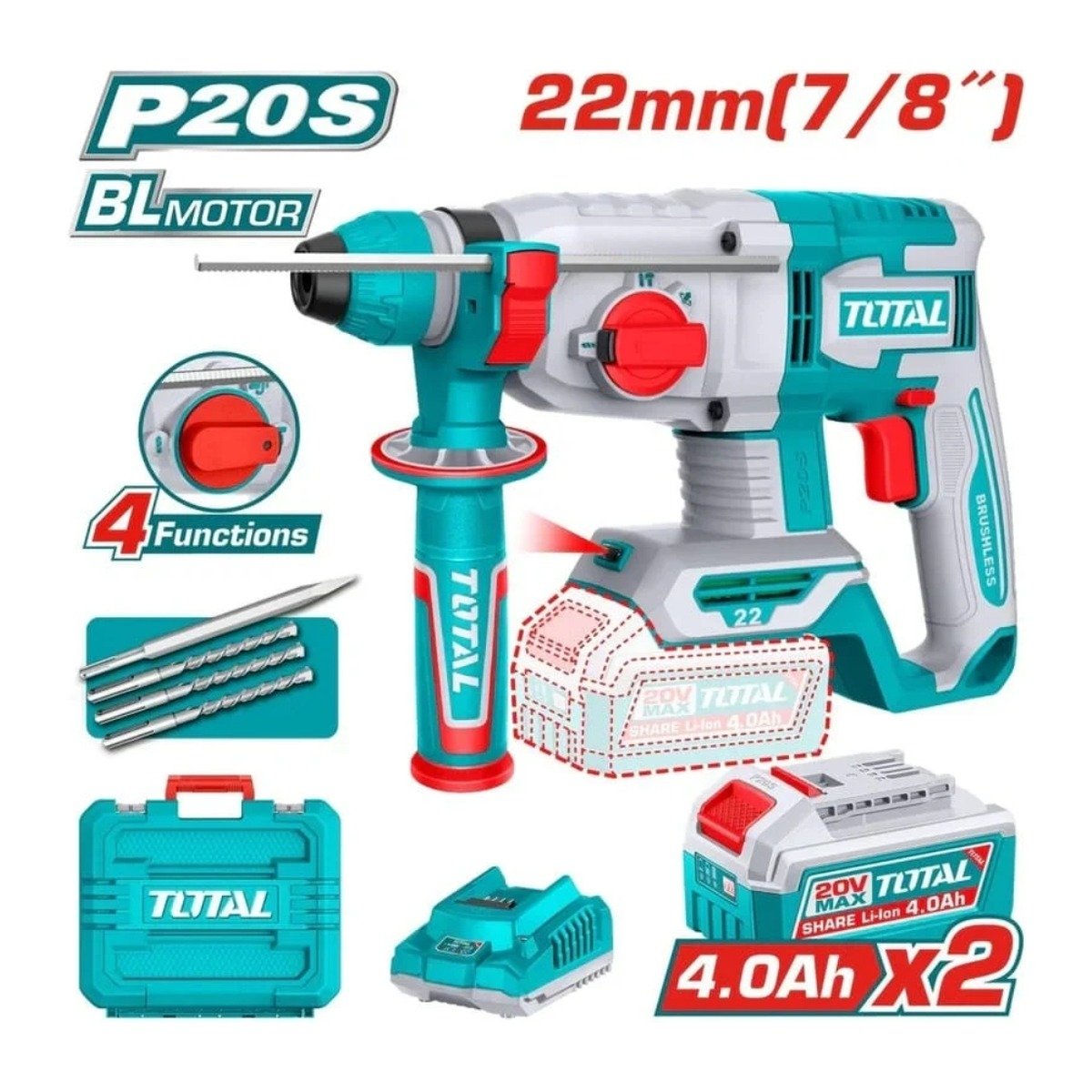 TOTAL 20V CORDLESS 7/8'' SDS PLUS ROTARY HAMMER KIT