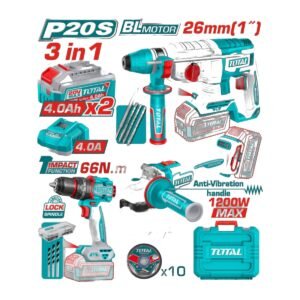 TOTAL CORDLESS 3PC COMBO 66NM 1/2" IMPACT DRILL, 4 1/2" ANGLE GRINDER AND 2.5J SDS PLUS ROTARY HAMMER