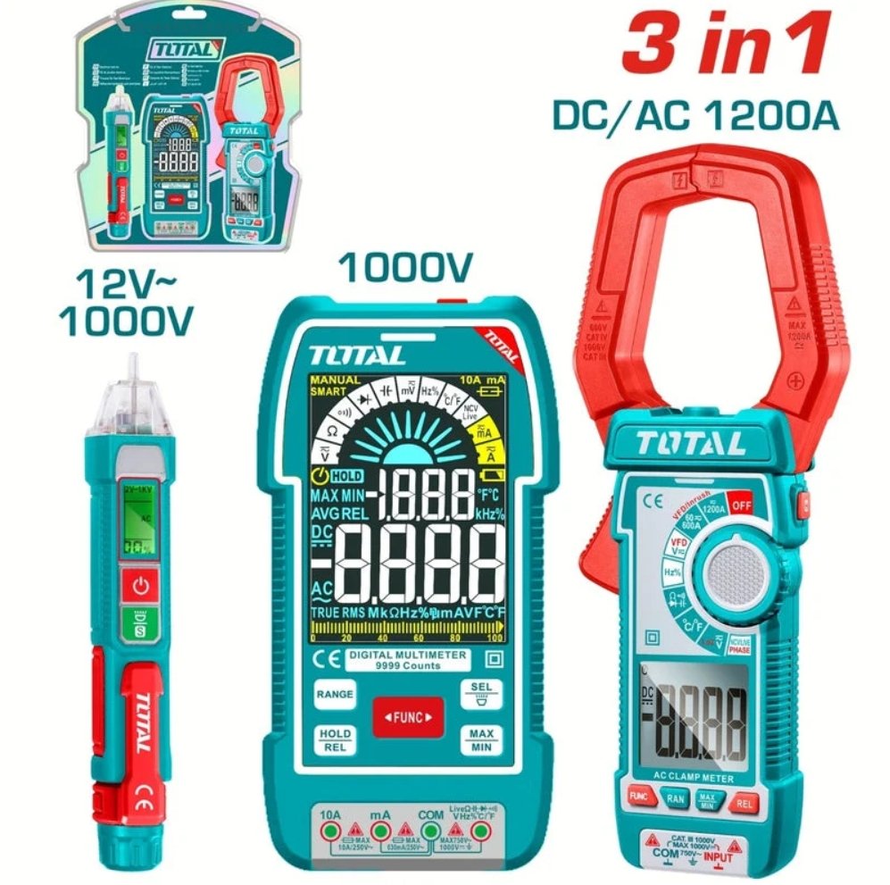 TOTAL 3PC ELECTRICAL KIT- MULTIMETER, AC/DC CLAMP AND BATTERY TESTER