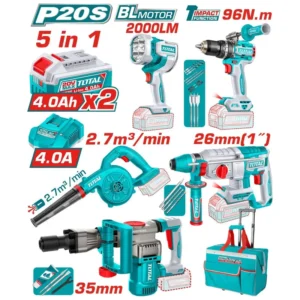 TOTAL 20V CORDLESS 5PC COMBO KIT - 1'' SDS PLUS ROTARY HAMMER, SDS HEX DEMOLITION BREAKER 16J, 96NM 1/2" IMPACT DRILL, MULTIFUNCTION BLOWER AND 2000LM WORK LAMP